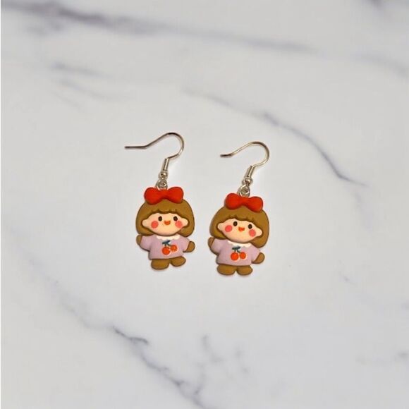 Cute Cartoon Gorl with Bowknot Drop Earrings - Picture 1 of 1
